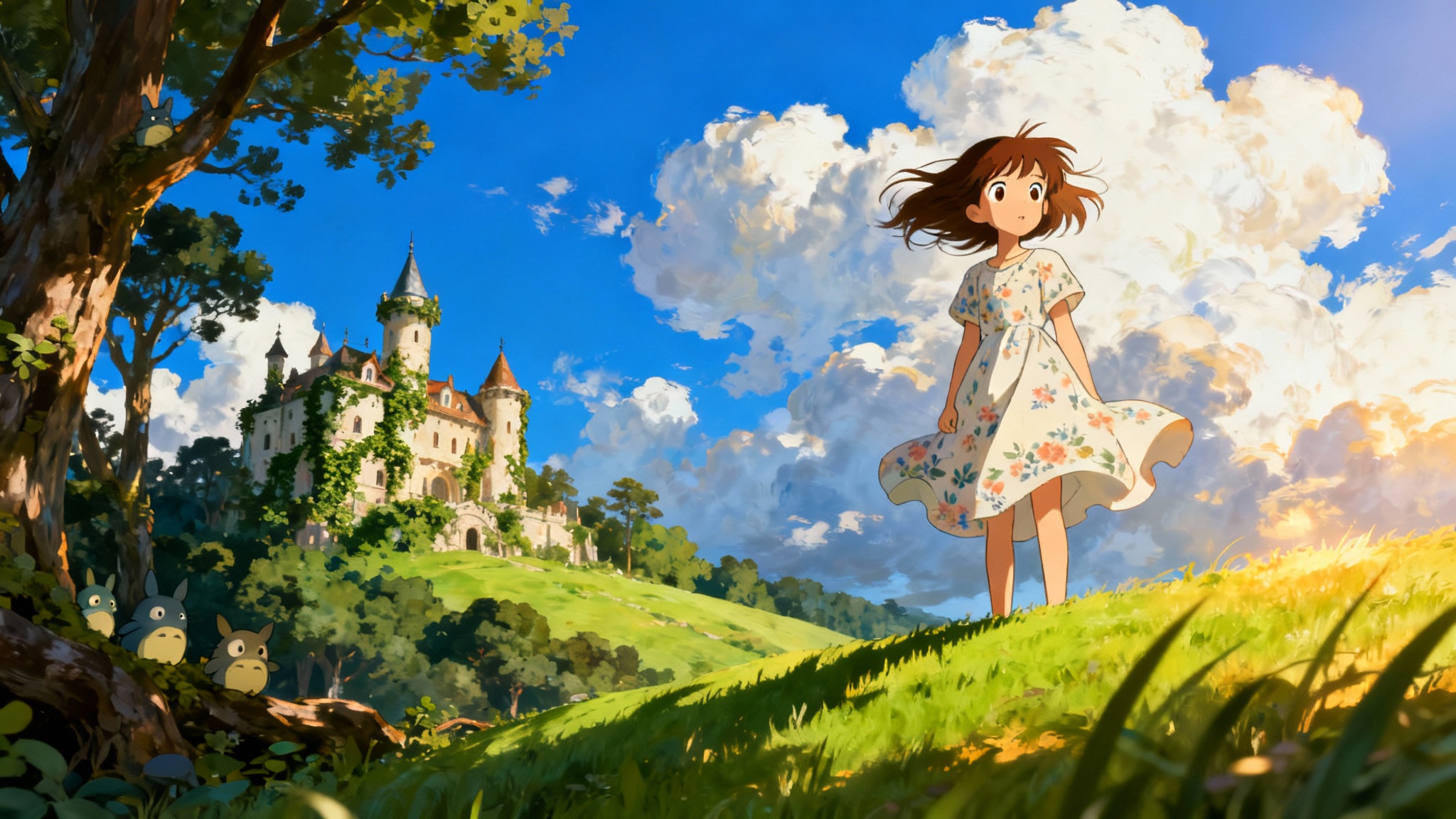 A beautiful digital painting in the Studio Ghibli style, showing a young girl on a grassy hill looking towards a whimsical castle in the distance. The sky is blue with iconic fluffy clouds, and the entire landscape is bathed in warm, golden sunlight.