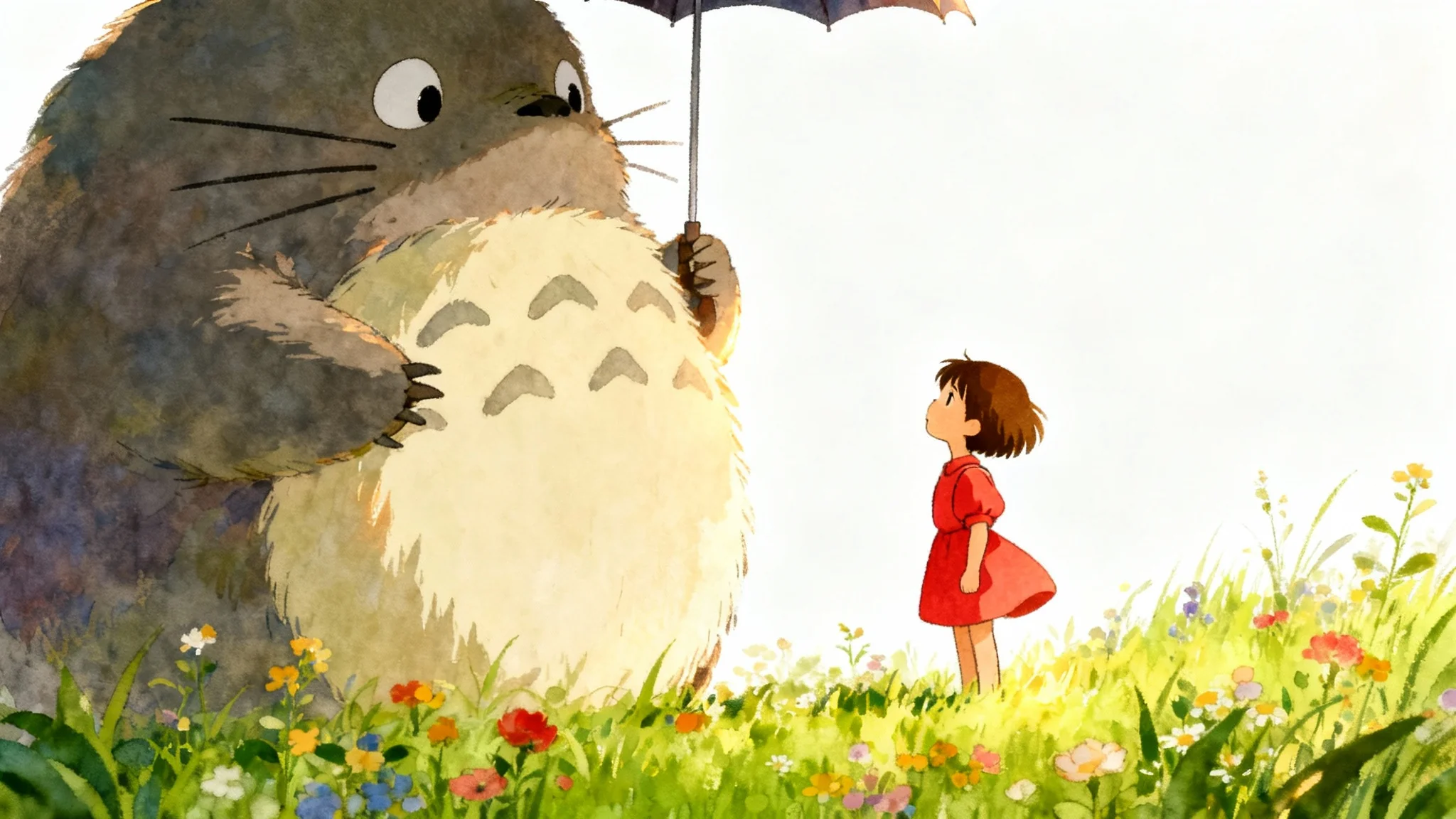 A heartwarming digital illustration in the style of Studio Ghibli, featuring a young girl in a red dress and a large, friendly creature in a field of wildflowers against a white background.