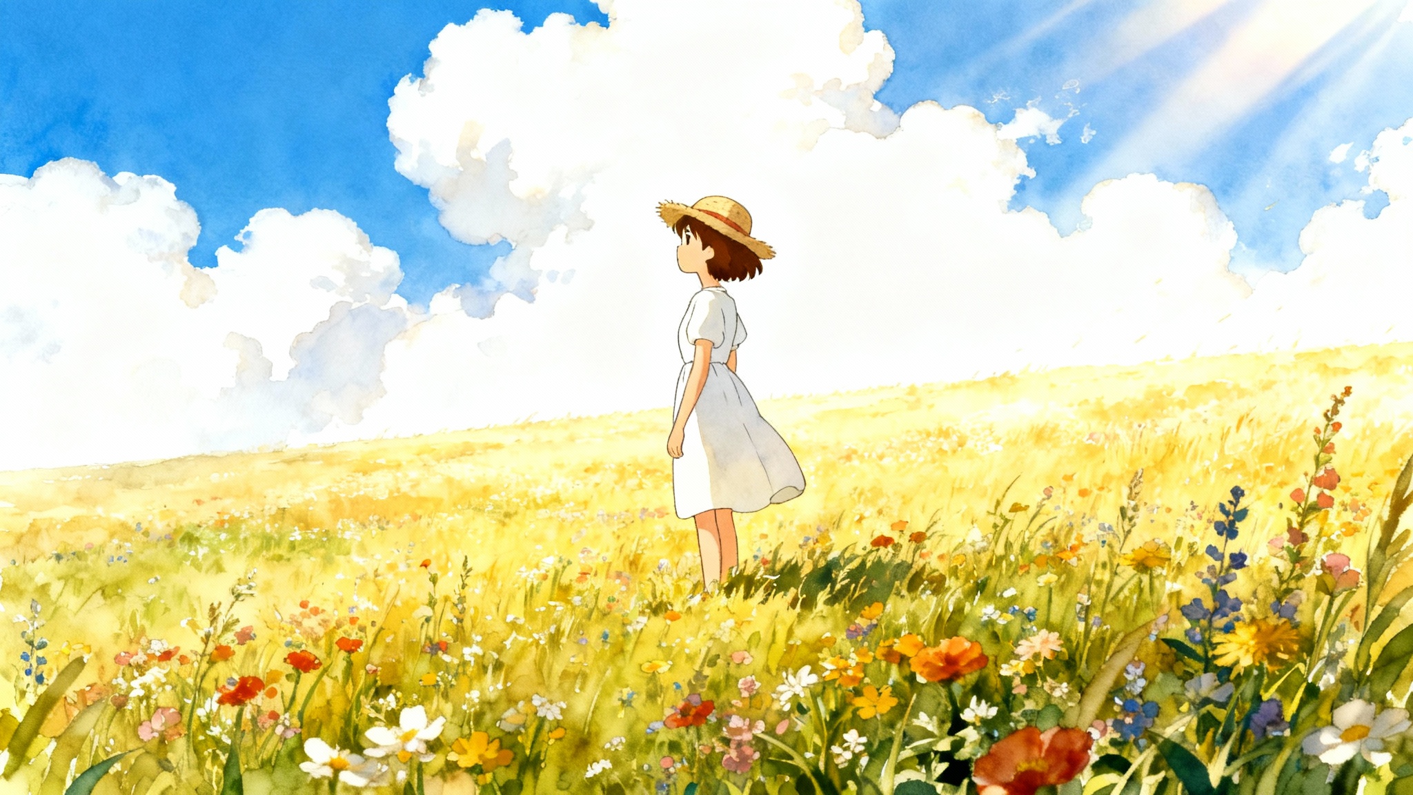 A young girl in a straw hat standing in a vibrant meadow, rendered in the classic Japanese animation style reminiscent of Studio Ghibli, on a white background.