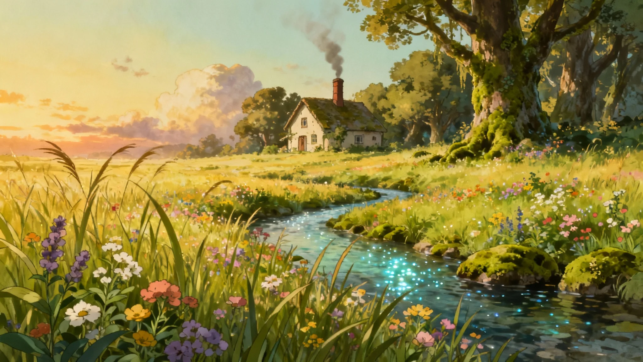 A serene and magical landscape painting in the Studio Ghibli anime style, featuring a lush wildflower meadow, a quaint cottage, and a beautiful golden hour sky.