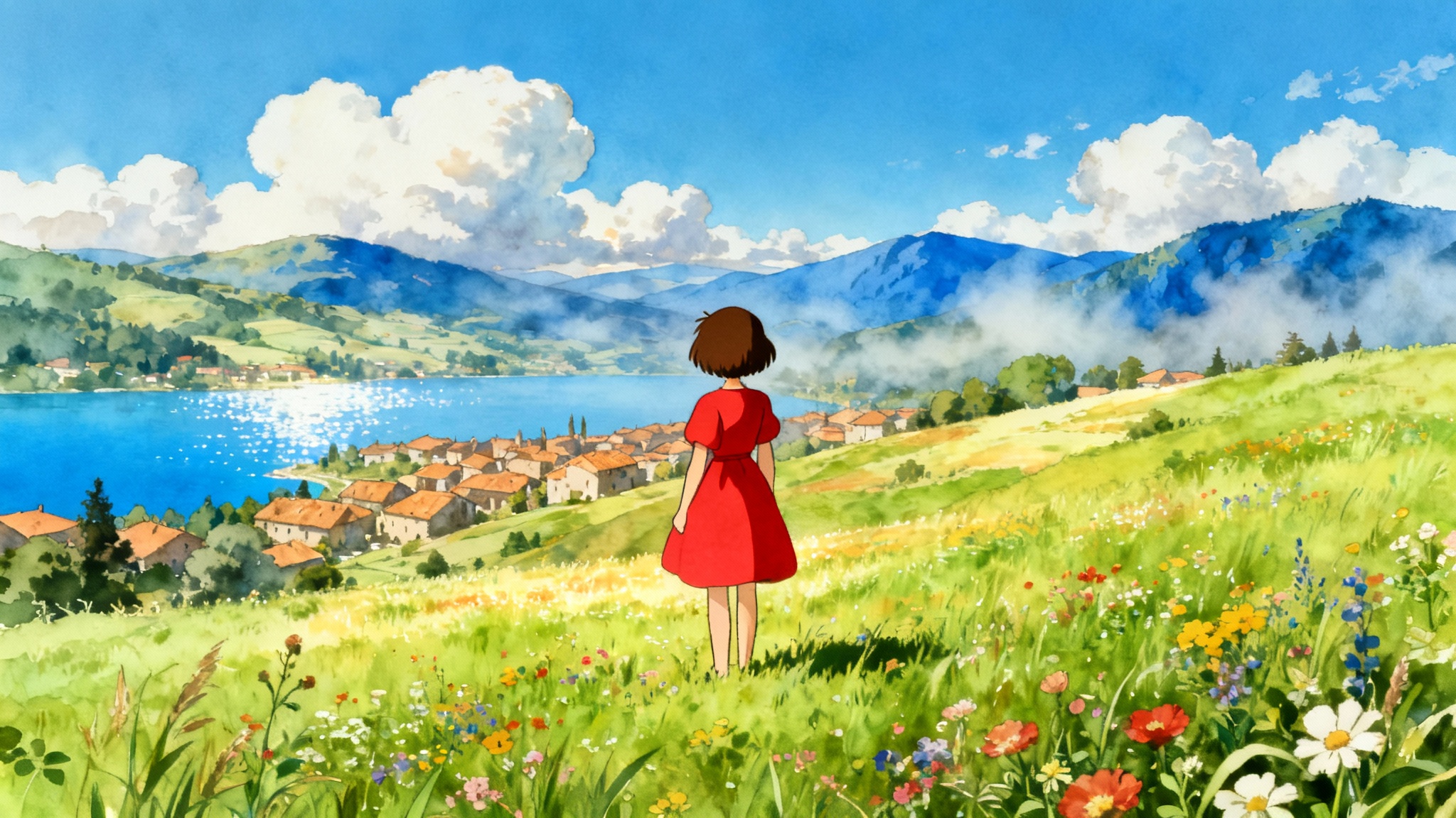 An illustration in the style of Studio Ghibli showing a young girl in a red dress standing in a field of wildflowers, looking out over a scenic valley with a small town and mountains in the distance.