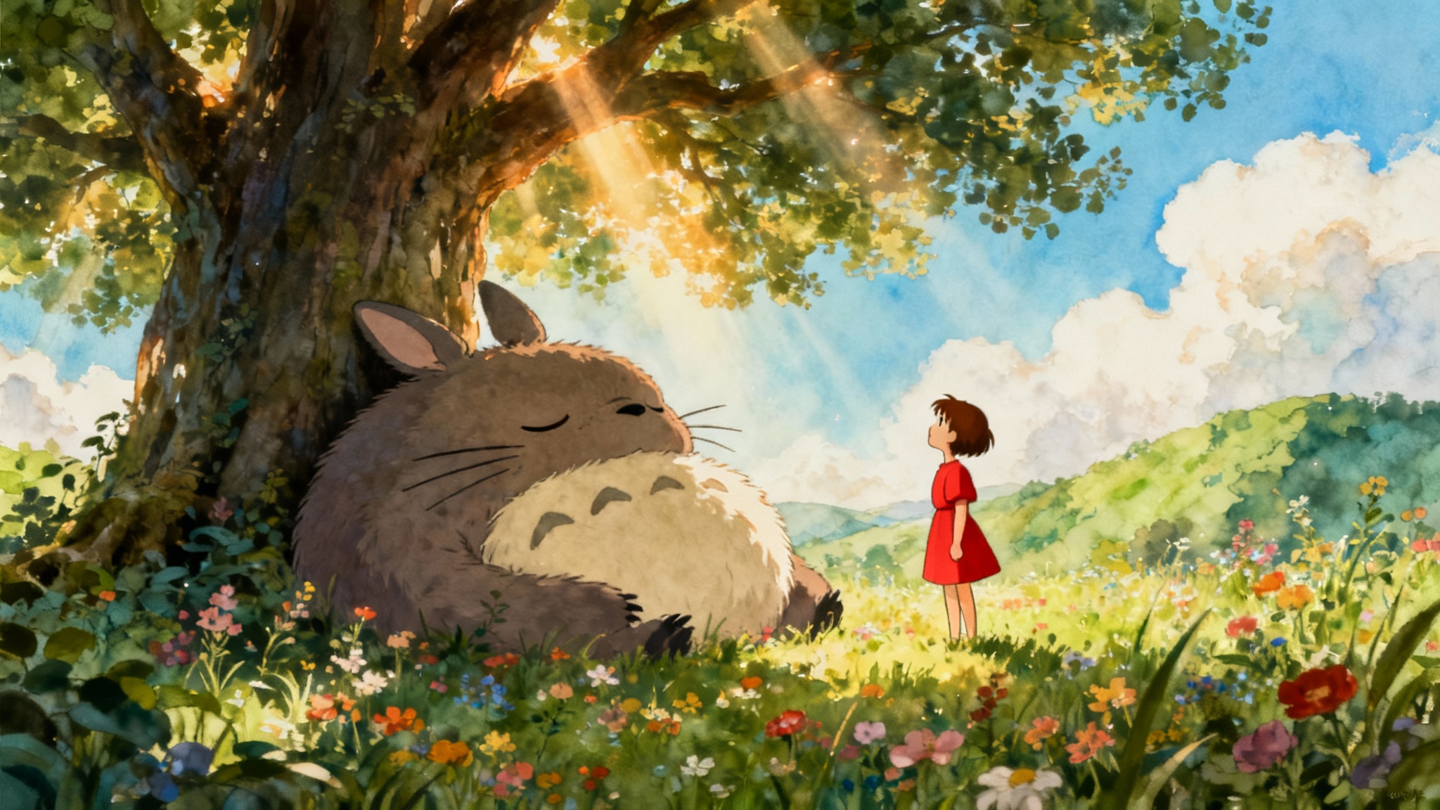 An enchanting digital painting in the style of Studio Ghibli, showing a young girl in a red dress looking up at a giant, fluffy creature sleeping under a tree in a sunny meadow.