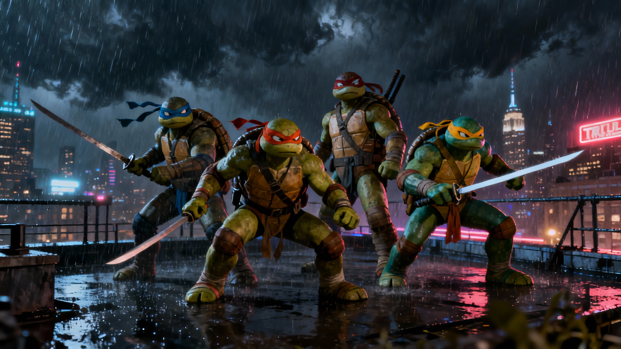 A finished 16:9 wallpaper showing all four Teenage Mutant Ninja Turtles in a dramatic, gritty style, posed on a rainy city rooftop at night.