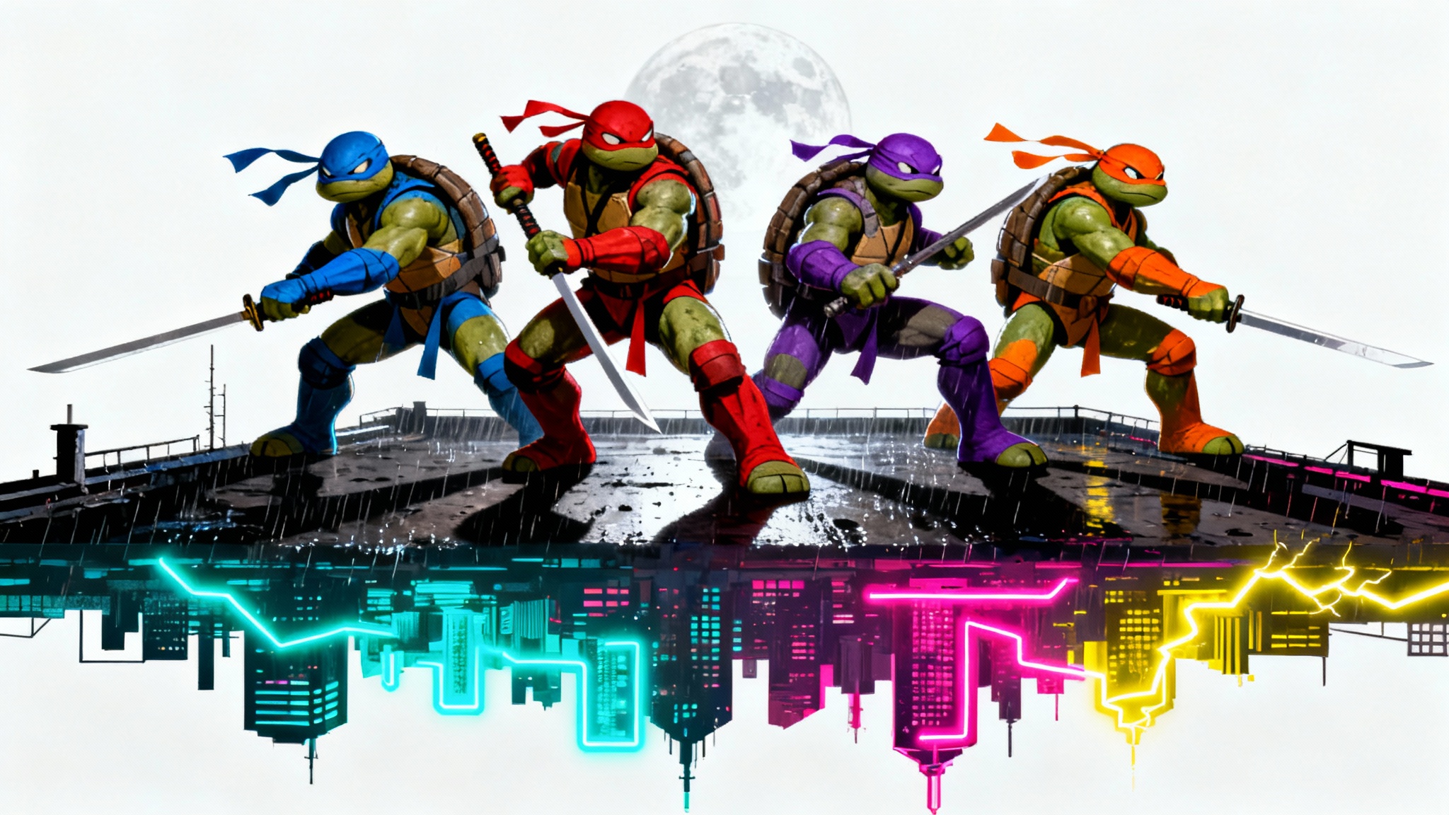 A dynamic digital wallpaper of the Teenage Mutant Ninja Turtles in an action-packed pose on a rooftop at night, rendered in a modern, edgy illustration style.