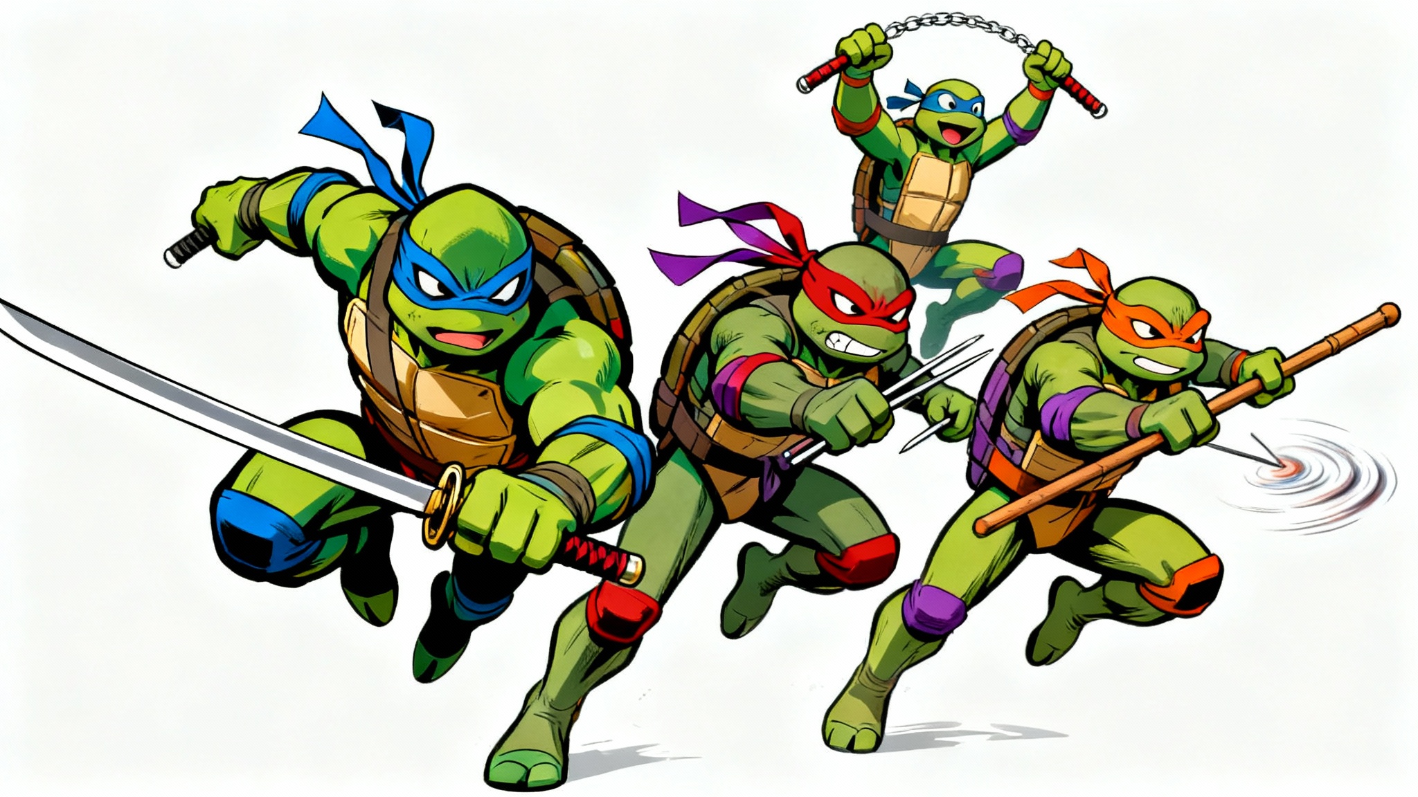 A modern comic book style wallpaper featuring the Teenage Mutant Ninja Turtles in dynamic action poses against a clean white background.