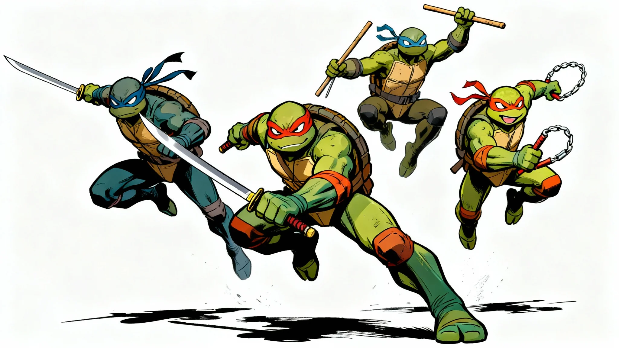 A dynamic wallpaper of the Teenage Mutant Ninja Turtles in a modern comic book style, showing them leaping into action with their weapons drawn, all set against a clean white background.