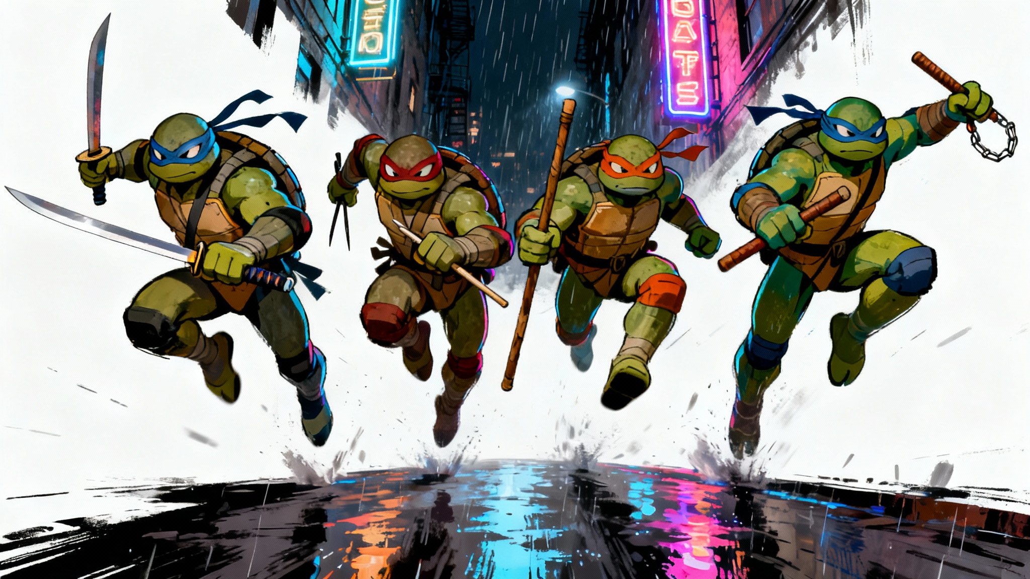 A dynamic wallpaper illustration of the Teenage Mutant Ninja Turtles in an action pose in a rainy, neon-lit New York City alley at night, presented against a white background.