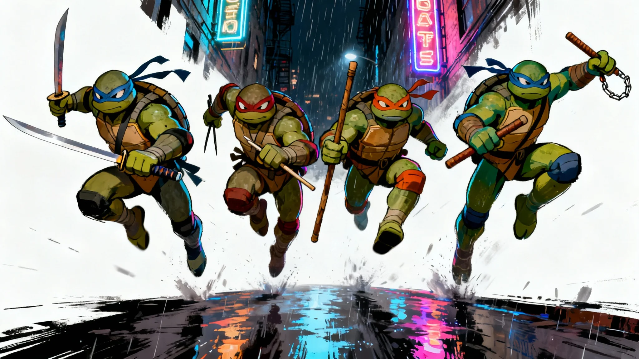 A dynamic wallpaper illustration of the Teenage Mutant Ninja Turtles in an action pose in a rainy, neon-lit New York City alley at night, presented against a white background.