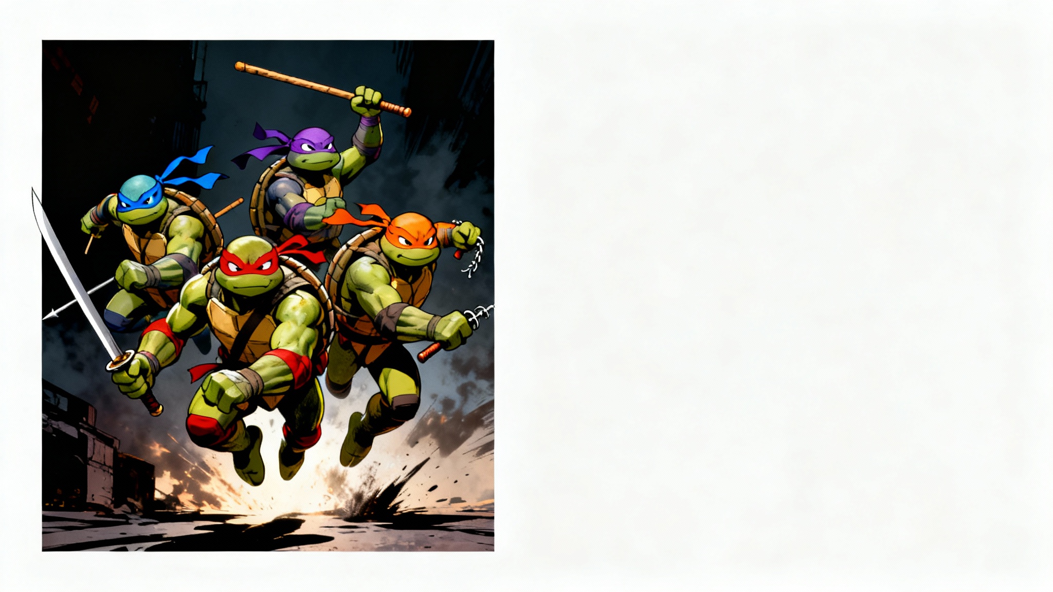 A gritty, action-packed wallpaper mockup of the Teenage Mutant Ninja Turtles leaping forward, rendered in a modern comic book style and set against a white background.