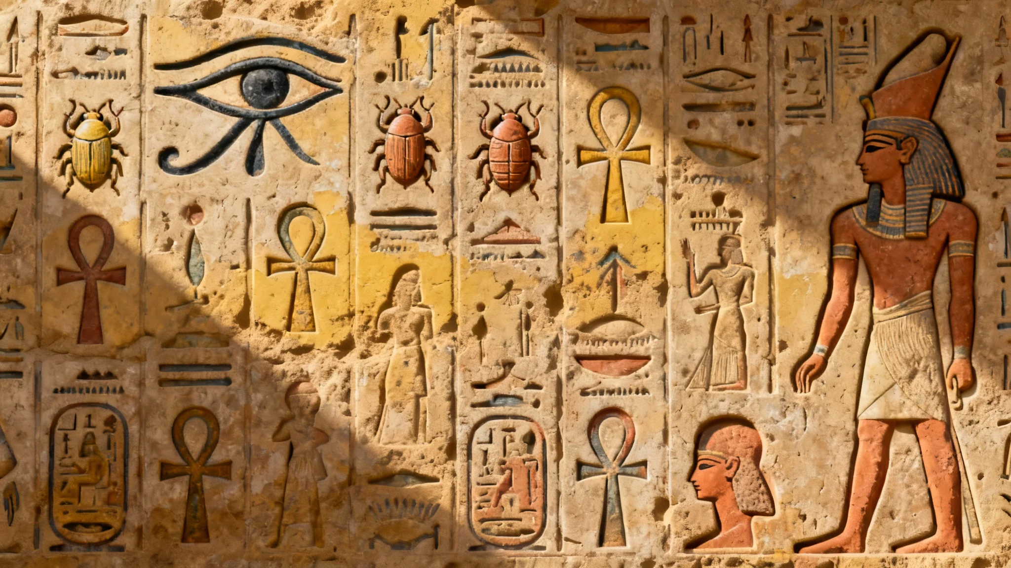 A digitally rendered panel of Egyptian hieroglyphs carved into a textured sandstone surface. The lighting highlights the depth of the carvings, which include recognizable symbols like the Eye of Horus and a scarab beetle, arranged in neat rows.