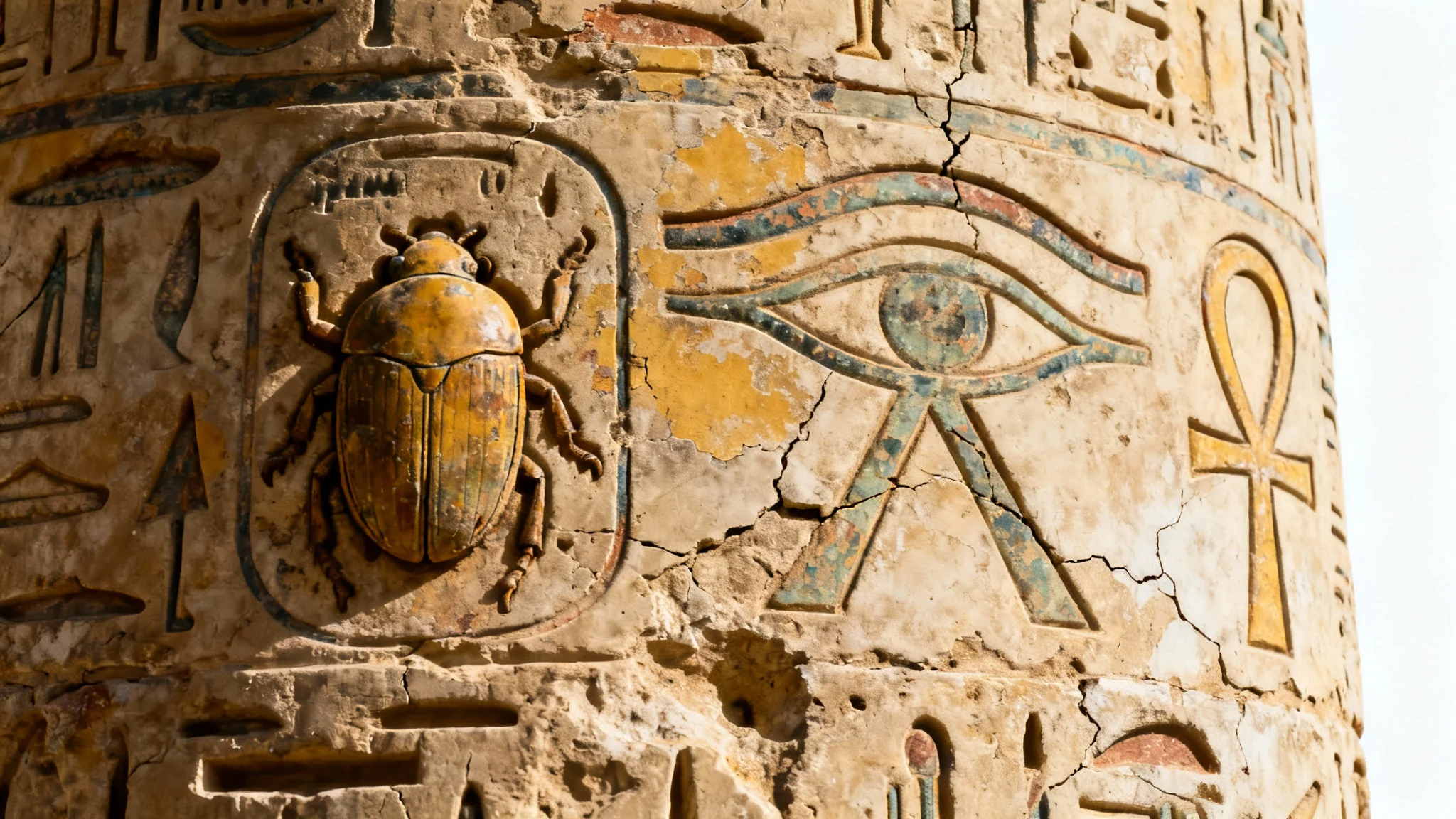 A close-up view of a weathered, rectangular stone tablet with ancient Egyptian hieroglyphs carved into it, set against a plain white background.