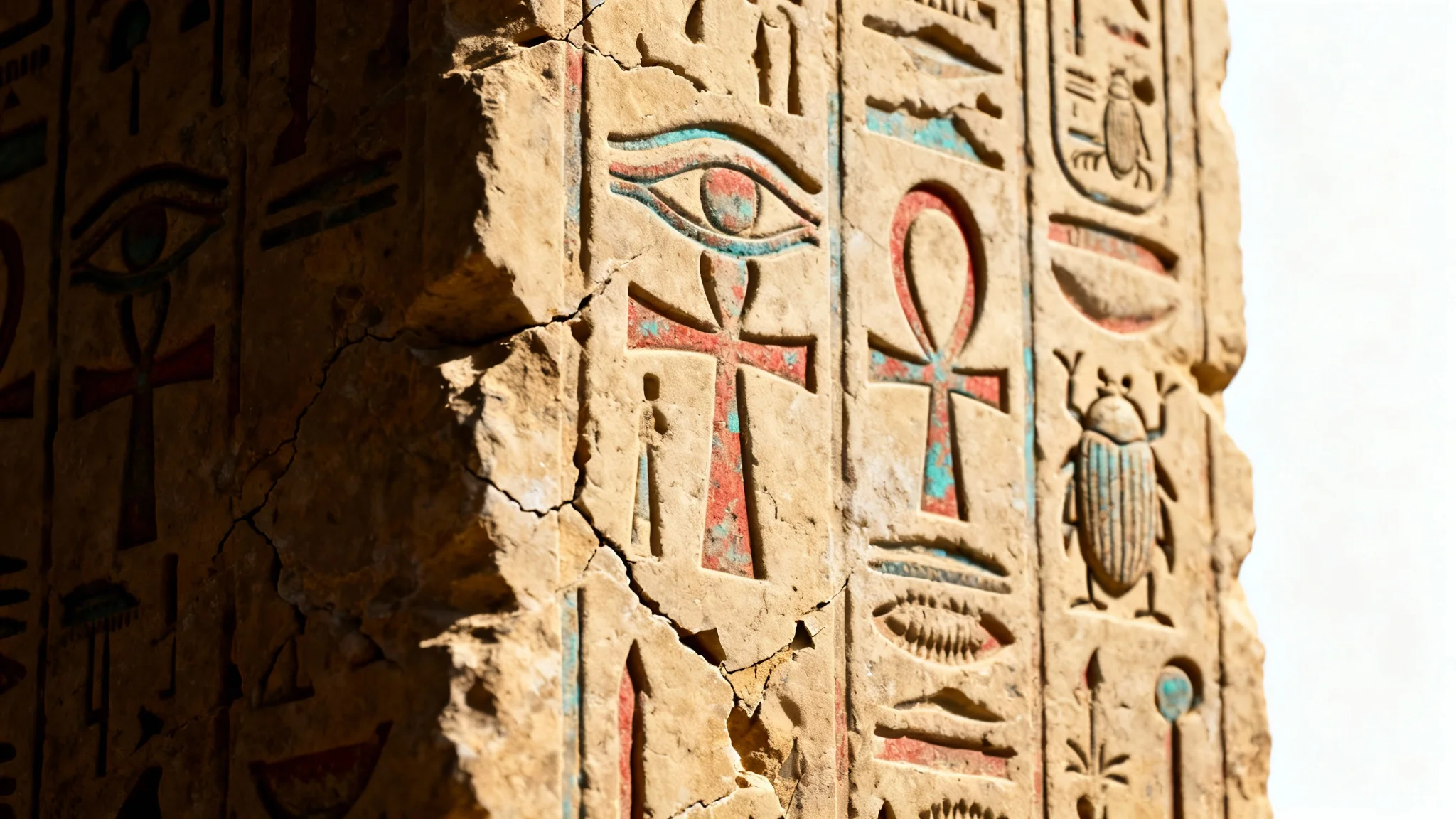 A detailed close-up of ancient Egyptian hieroglyphs carved into a weathered sandstone block, isolated against a white background.