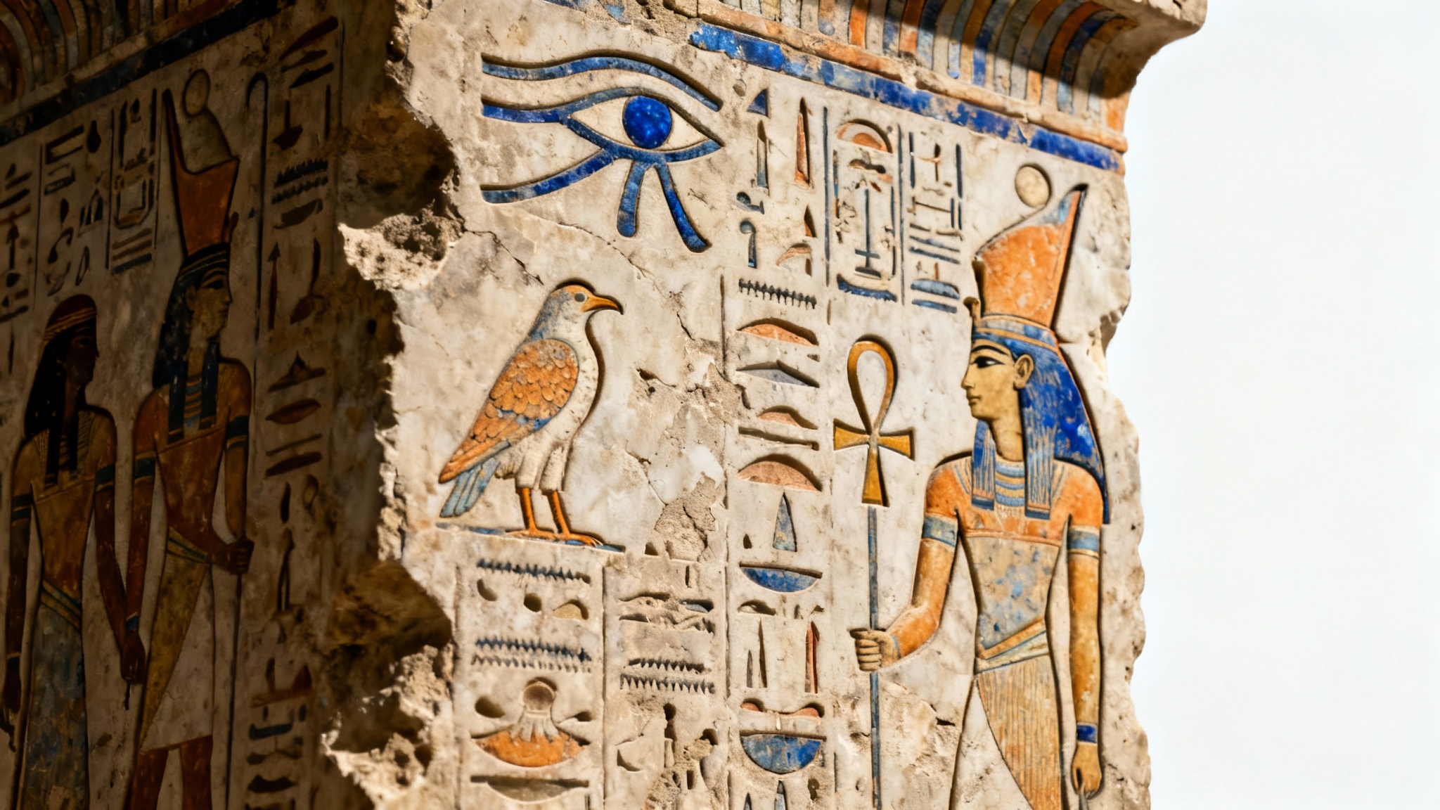 A highly detailed, photorealistic image of a piece of ancient Egyptian limestone carved with hieroglyphs, set against a clean white background.