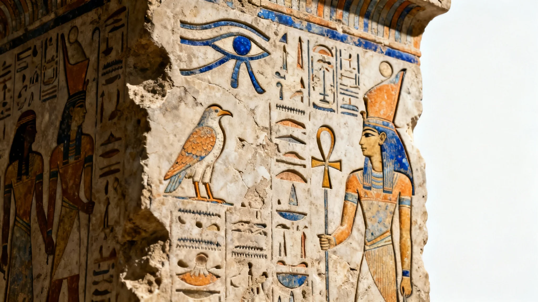 A highly detailed, photorealistic image of a piece of ancient Egyptian limestone carved with hieroglyphs, set against a clean white background.