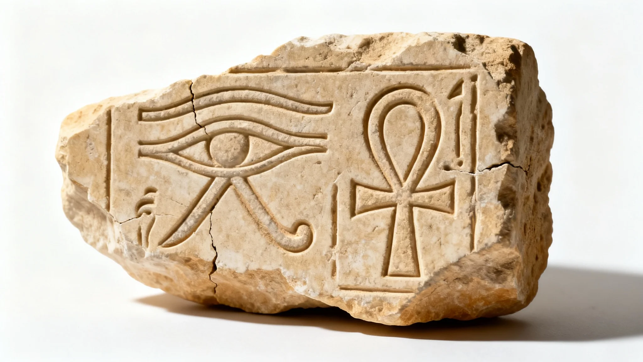 A detailed, realistic rendering of an ancient Egyptian stone tablet with carved hieroglyphs, set against a clean white background.