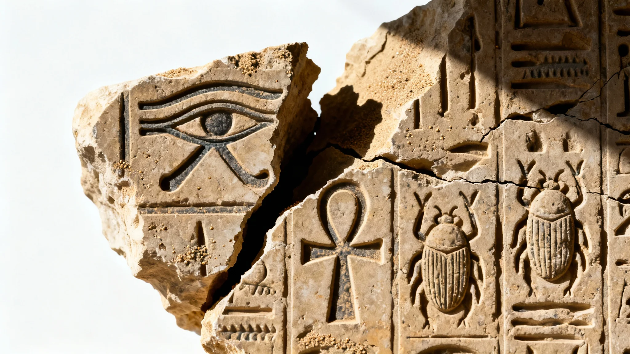 A detailed, close-up photograph of an ancient Egyptian stone tablet with carved hieroglyphs, displayed against a clean white background.