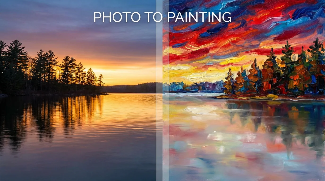 A before-and-after split image demonstrating a photo-to-painting effect. The left half is a realistic photo of a sunset over a lake, and the right half is the same scene rendered as a colorful, textured impressionist oil painting.