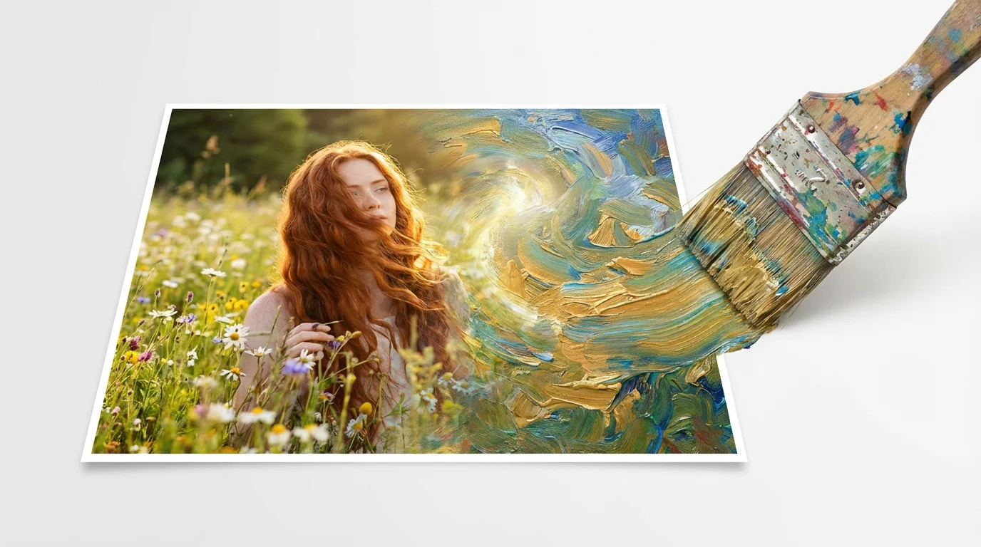 A visual metaphor of a photo turning into a painting, where a paintbrush sweeps across a photograph of a woman, transforming it into a textured oil painting.