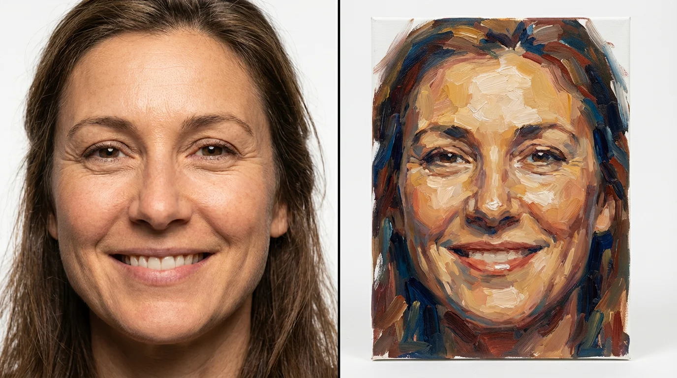 A split-screen image demonstrating a photo-to-painting effect. The left side shows a realistic photograph of a woman, and the right side shows the same image converted into a colorful, textured oil painting.