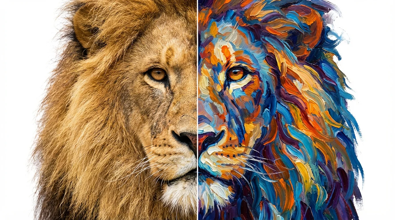 A conceptual image showing a transformation from photo to painting. The left half is a realistic photograph of a lion, and the right half is a vibrant oil painting of the same lion, perfectly aligned.
