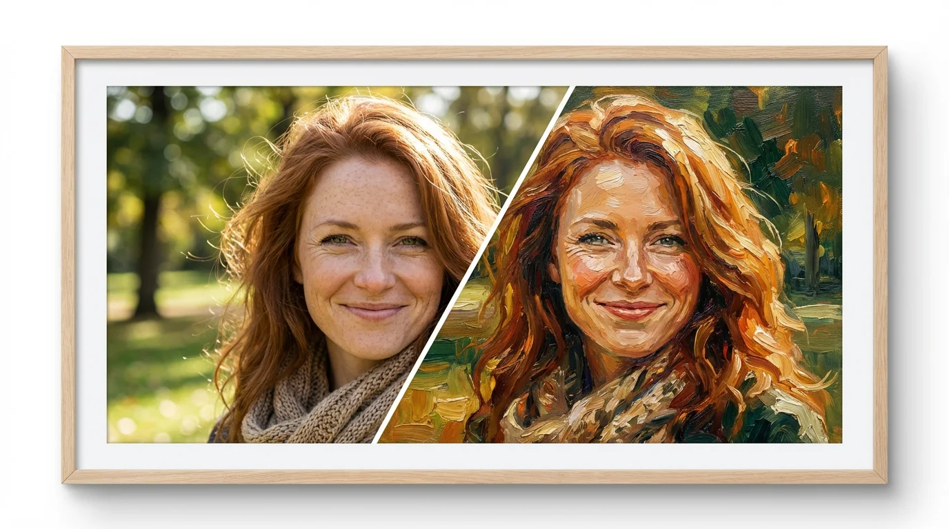 A split-screen image showing a photo of a woman on the left transforming into a vibrant oil painting of the same woman on the right, demonstrating a photo-to-painting effect.