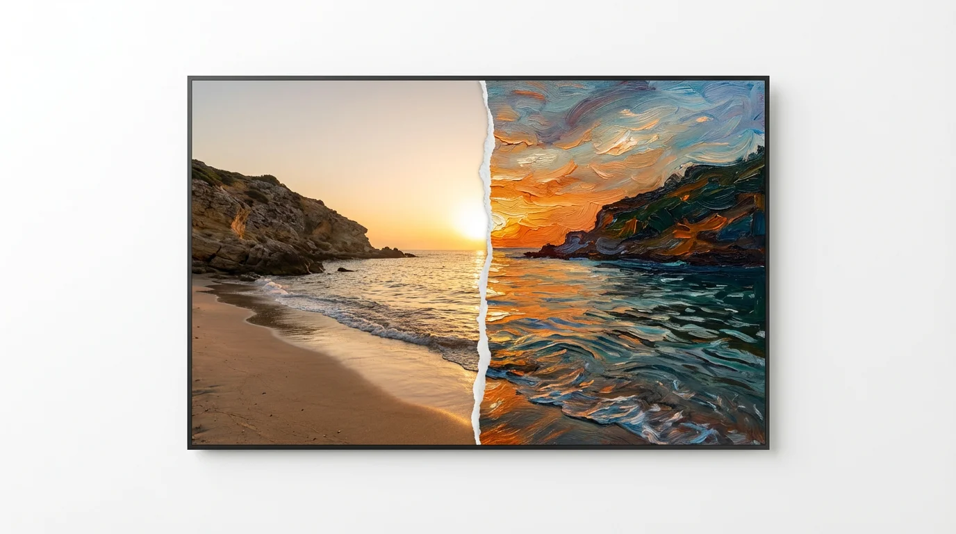 A side-by-side comparison showing a realistic photograph of a coastal scene on the left, and the same scene transformed into a vibrant oil painting on the right, against a plain white background.