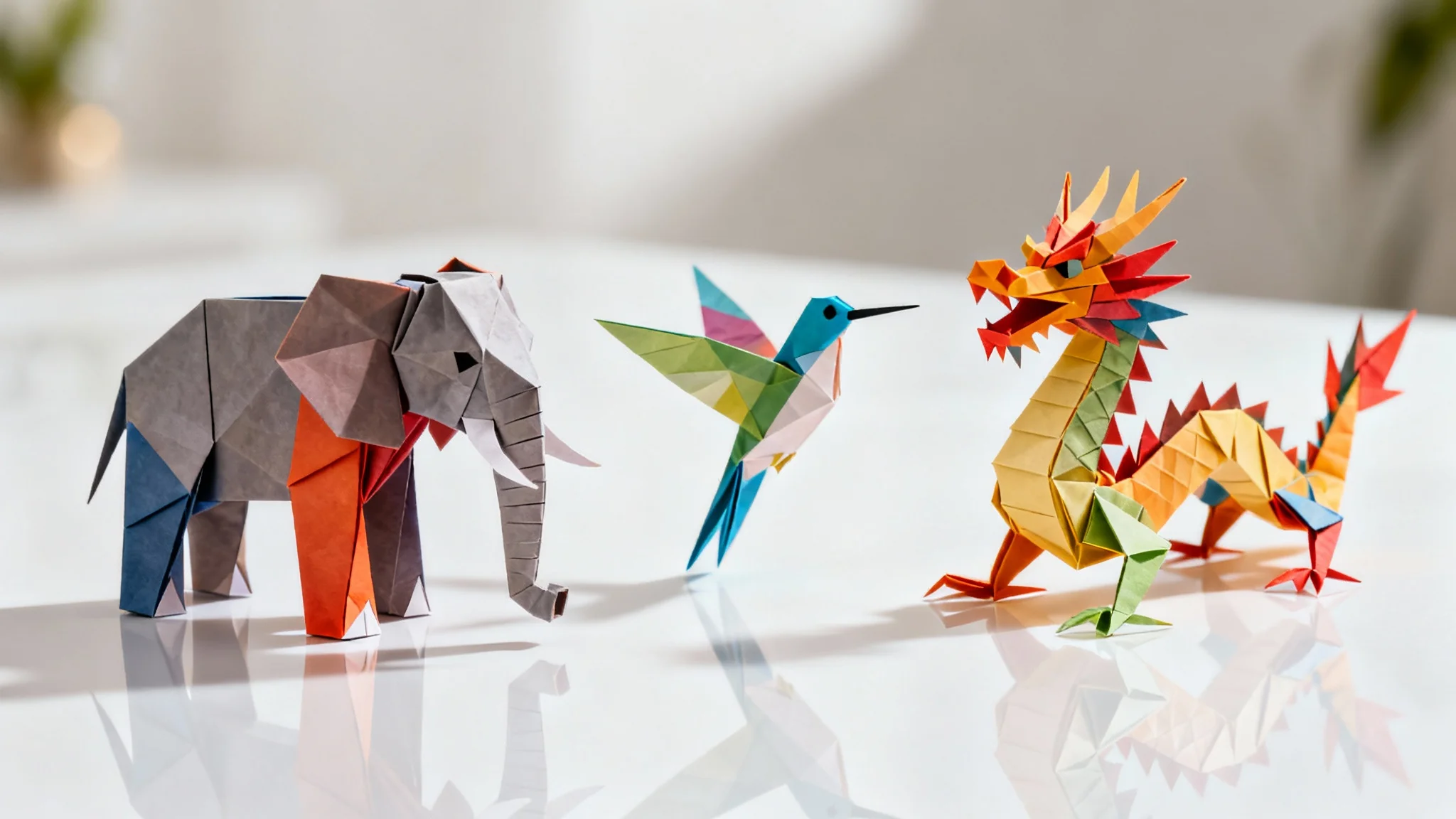 A close-up, professionally lit photograph of several intricate origami animals—an elephant, a hummingbird, and a dragon—made from colorful paper and arranged on a white reflective surface.
