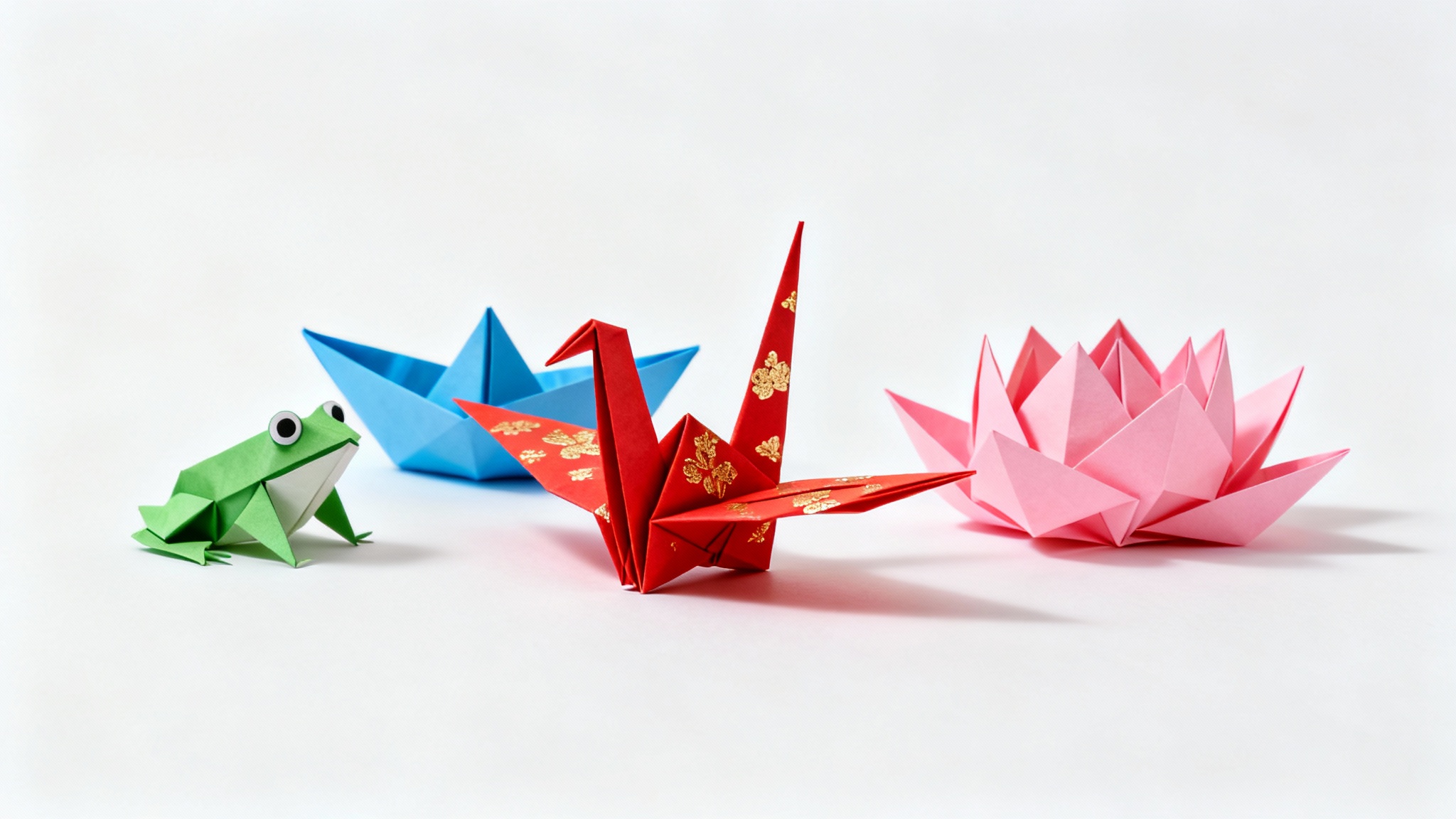 A collection of colorful and detailed origami figures, including a crane, a frog, a boat, and a lotus flower, displayed on a clean white background.