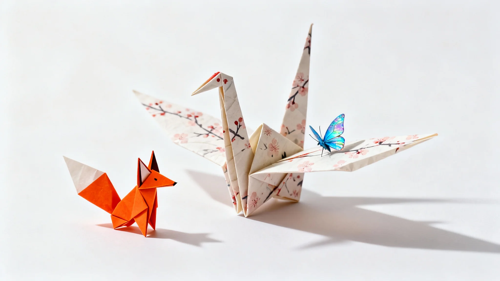 A photorealistic image showcasing a collection of origami animals on a white background, featuring a large crane with a cherry blossom pattern, a smaller orange fox, and a tiny iridescent blue butterfly.