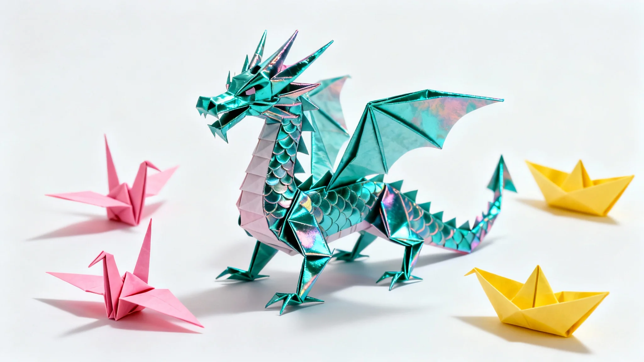 A close-up shot of an intricate origami dragon made of metallic teal paper, surrounded by smaller origami creations, on a clean white background.