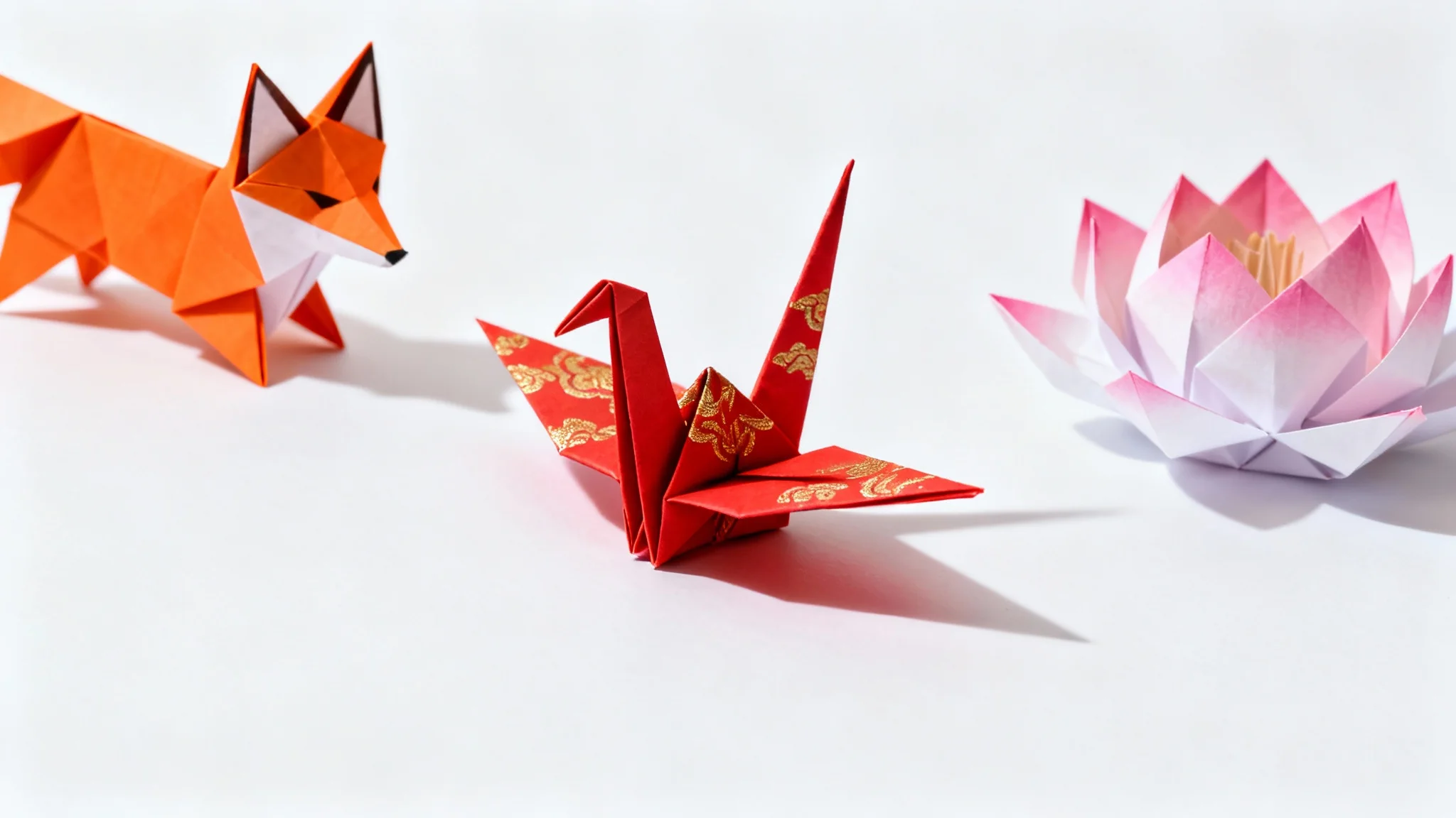An artful arrangement of colorful origami figures, including a red and gold crane, an orange fox, and a pink and white lotus flower, displayed on a clean white surface.