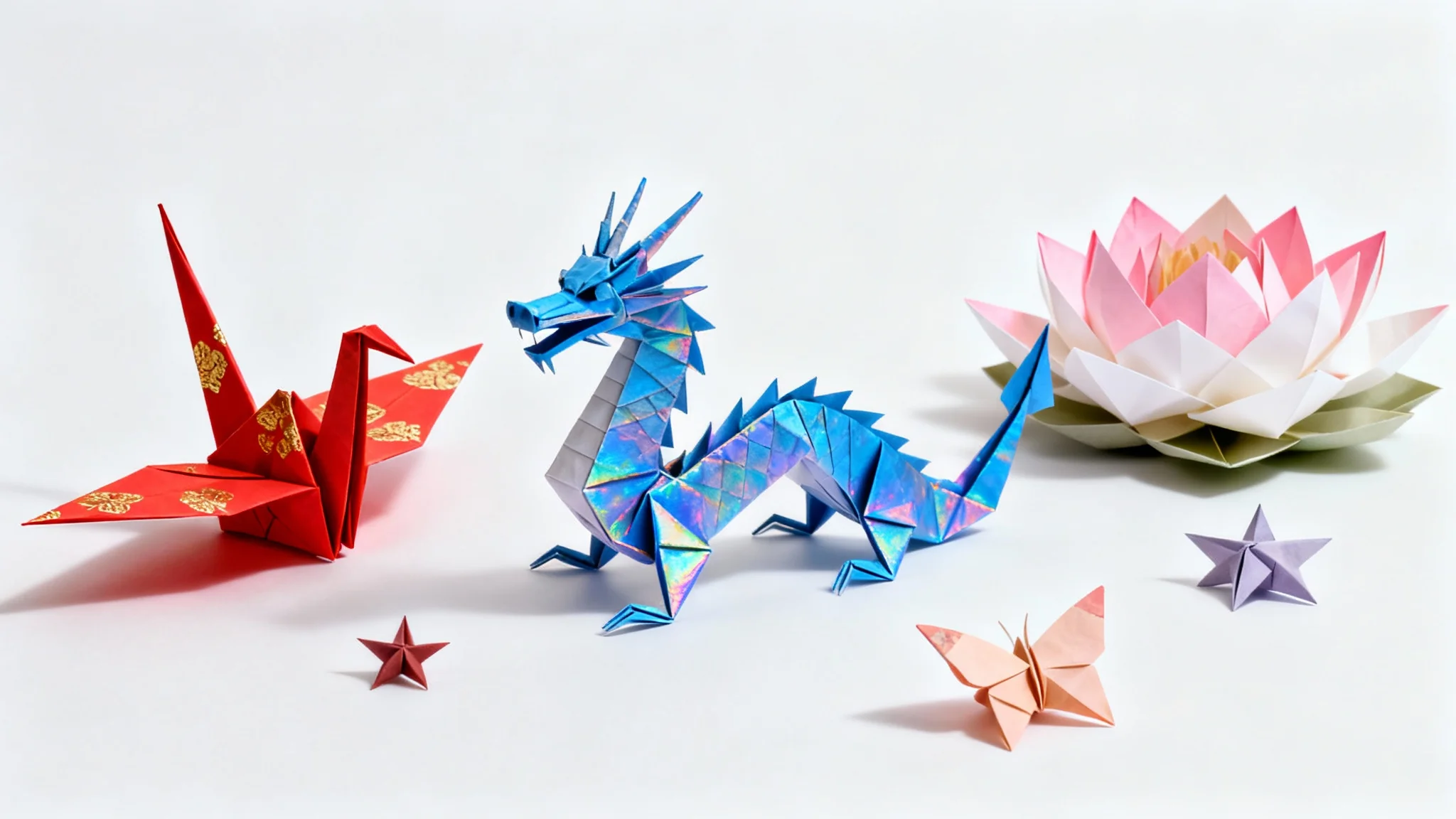 A photorealistic mockup of several intricate origami creations, including a blue dragon, a red crane, and a pink lotus flower, displayed on a clean white background.