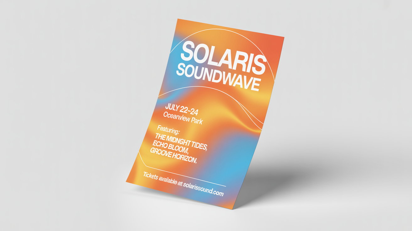 A professional mockup of a vibrant flyer for a music festival called 'Solaris Soundwave', showing event details and artist names, set against a plain white background.