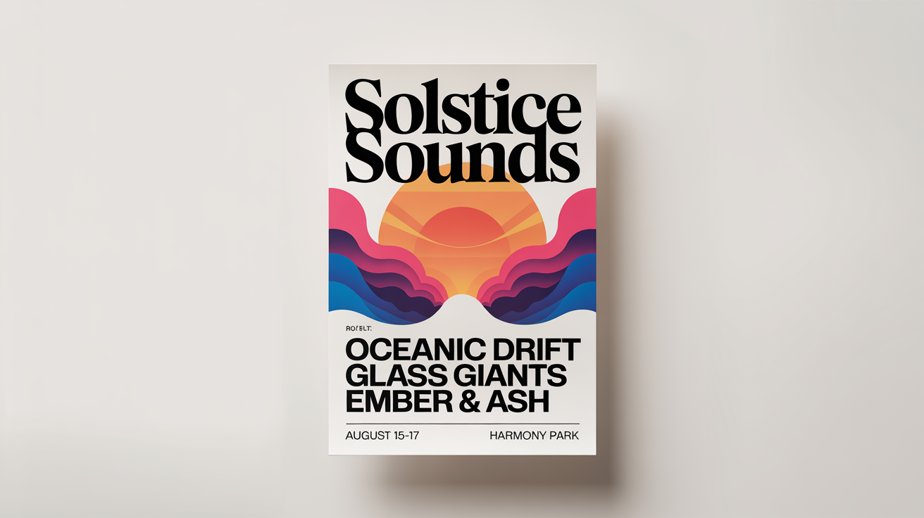 A mockup of a modern flyer for a music festival named 'Solstice Sounds', featuring abstract colorful graphics and event details, displayed against a white background.