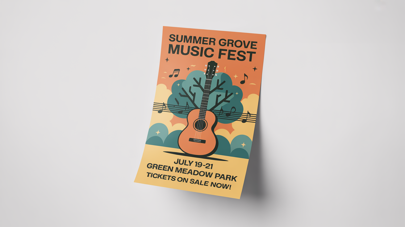 A modern and vibrant A4 flyer mockup for the 'Summer Grove Music Fest', featuring a stylized guitar and tree graphic. The flyer is displayed on a clean white background.