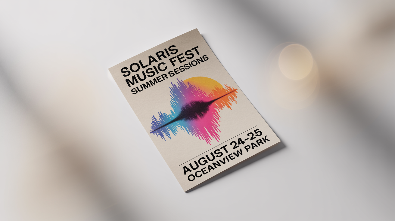 A photorealistic mockup of a modern, vibrant flyer for the 'Solaris Music Fest', displayed on a clean white background.