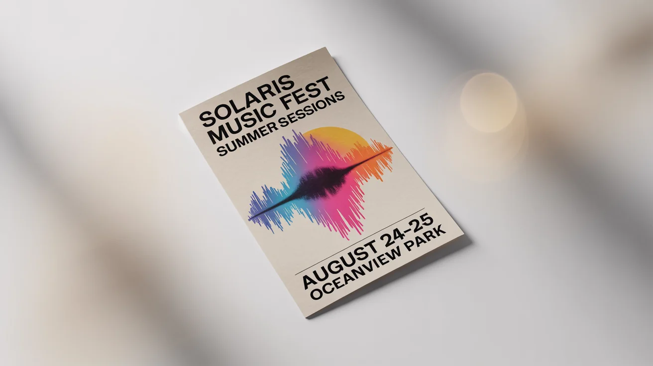 A photorealistic mockup of a modern, vibrant flyer for the 'Solaris Music Fest', displayed on a clean white background.