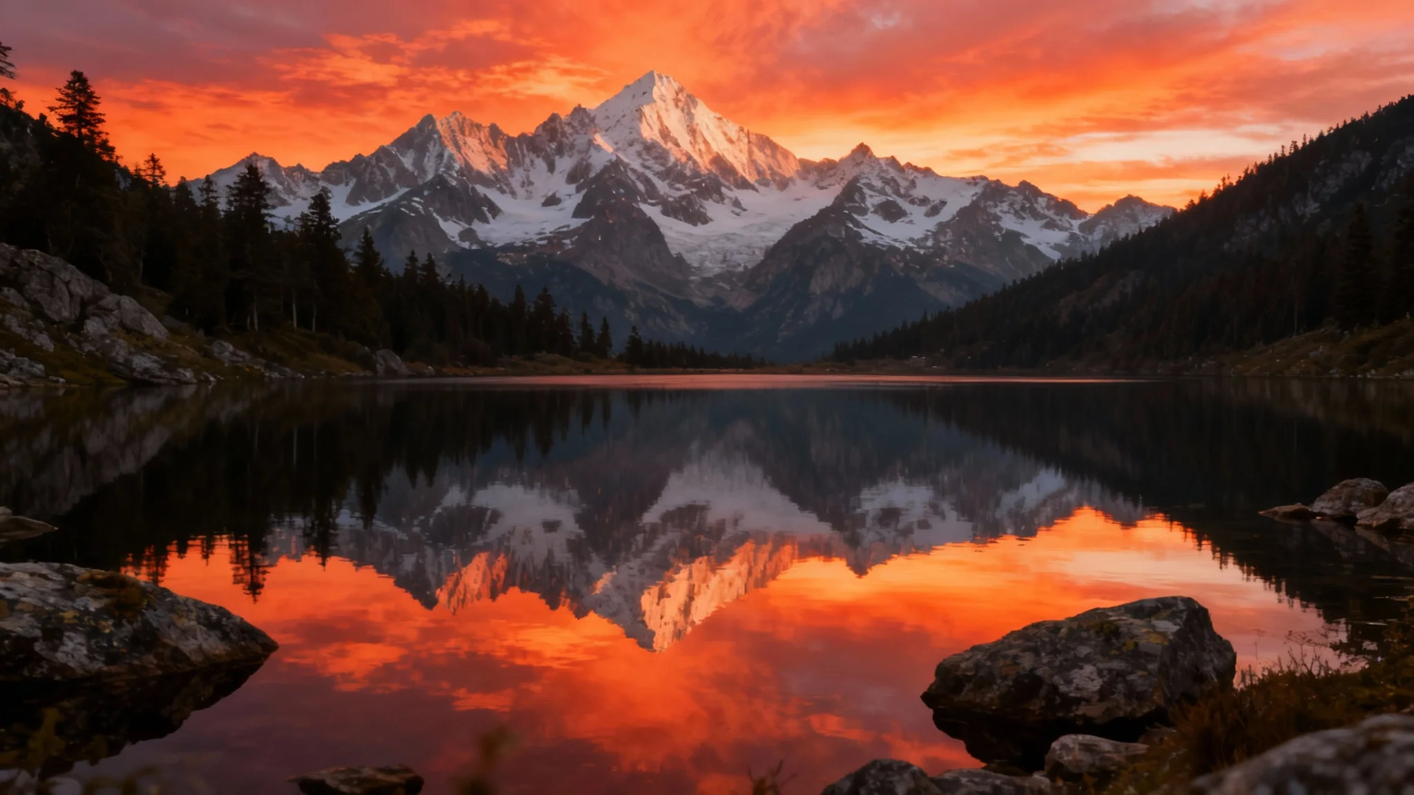 A stunning, professionally edited landscape photograph of a vibrant sunrise over a majestic mountain range reflected in a still lake, showcasing the polished final result of a photo editing tool.