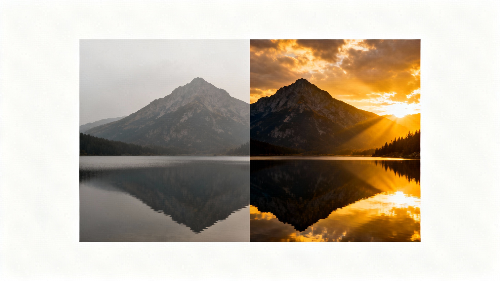 A split-screen image demonstrating the power of photo editing. The left side shows a dull, unedited landscape photo of a mountain, while the right side shows the same photo beautifully edited to be vibrant, sharp, and full of color.