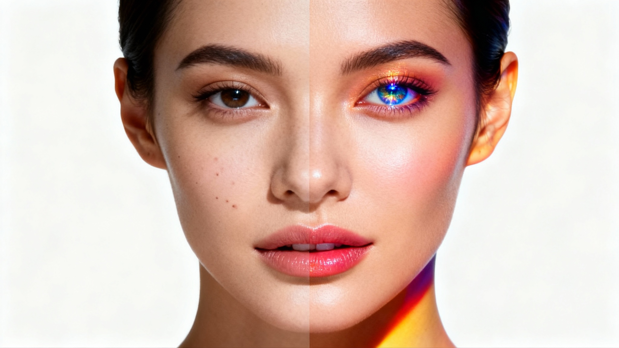 A before-and-after portrait demonstrating the power of photo editing. The left side of the face is unedited and dull, while the right side is professionally retouched to be vibrant and flawless.