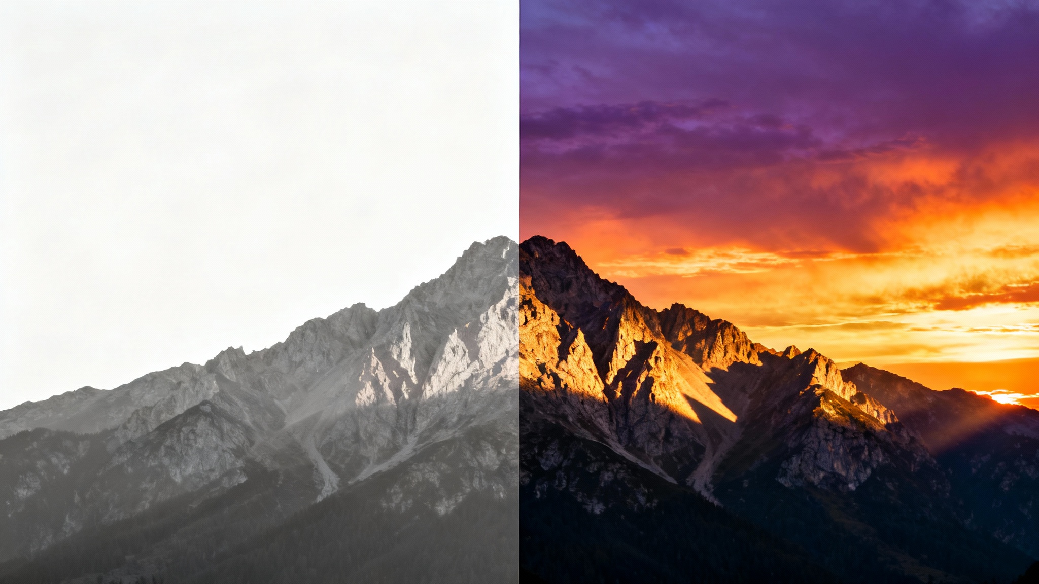 A landscape photograph of a mountain range, visually split in half to demonstrate a before-and-after effect of photo editing. The left side is dull and flat, while the right side is vibrant, sharp, and features a dramatic sunset.