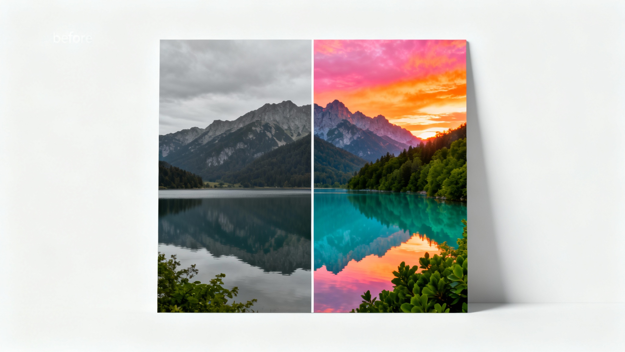 A before-and-after comparison image demonstrating photo editing. The left half shows a dull, washed-out landscape photo of a mountain and lake. The right half shows the same photo edited to be vibrant and colorful with a dramatic sunset.