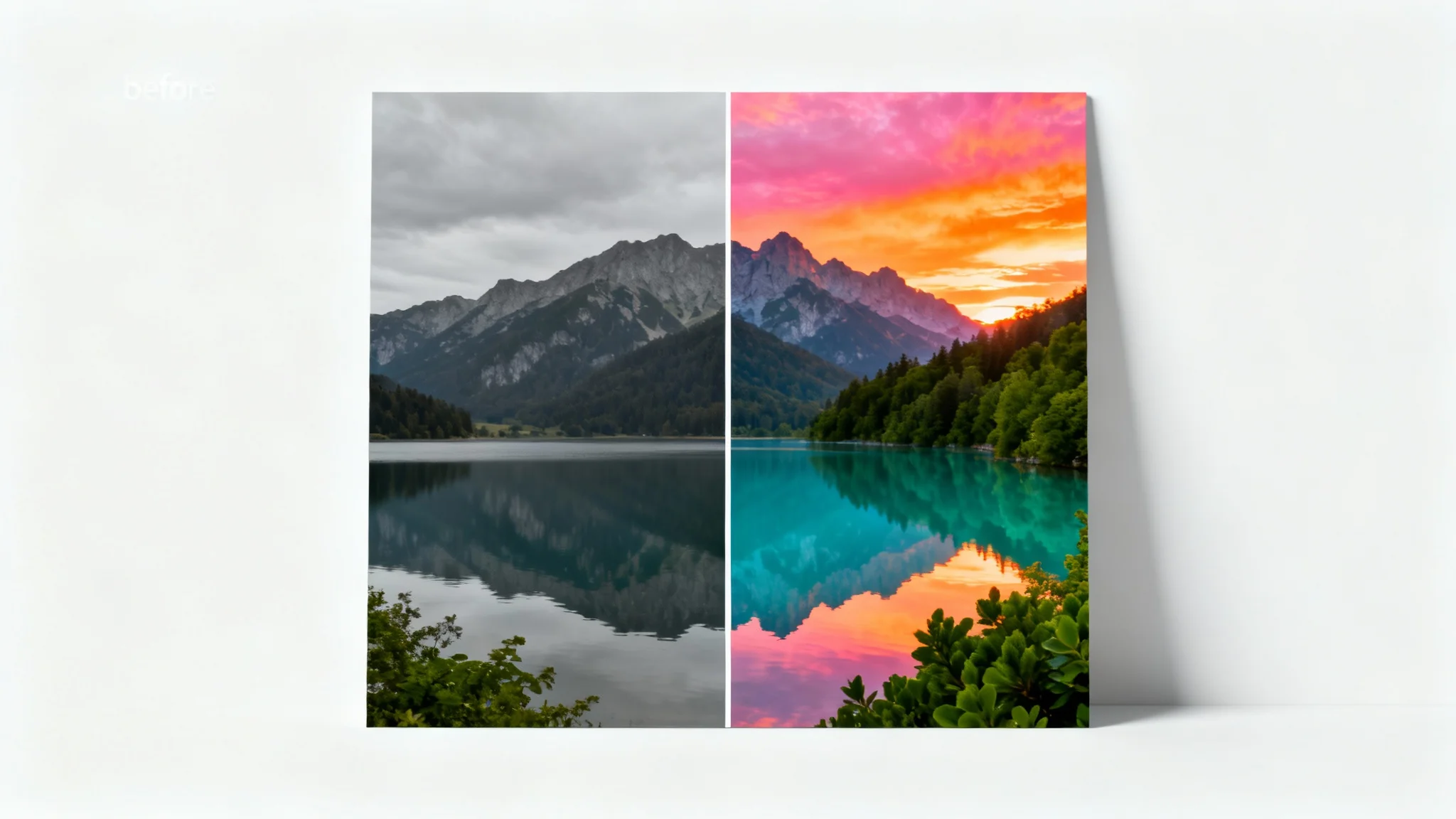 A before-and-after comparison image demonstrating photo editing. The left half shows a dull, washed-out landscape photo of a mountain and lake. The right half shows the same photo edited to be vibrant and colorful with a dramatic sunset.