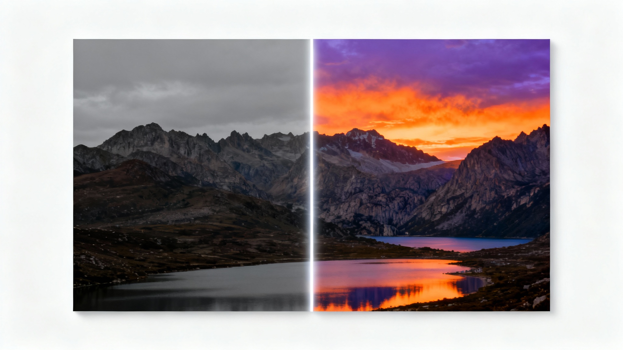 A before-and-after comparison of a landscape photo, split down the middle. The left side is dull and underexposed, while the right side is vibrant and colorful, demonstrating the power of photo editing.