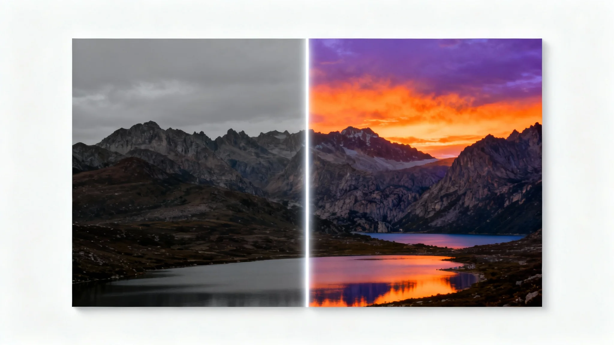 A before-and-after comparison of a landscape photo, split down the middle. The left side is dull and underexposed, while the right side is vibrant and colorful, demonstrating the power of photo editing.