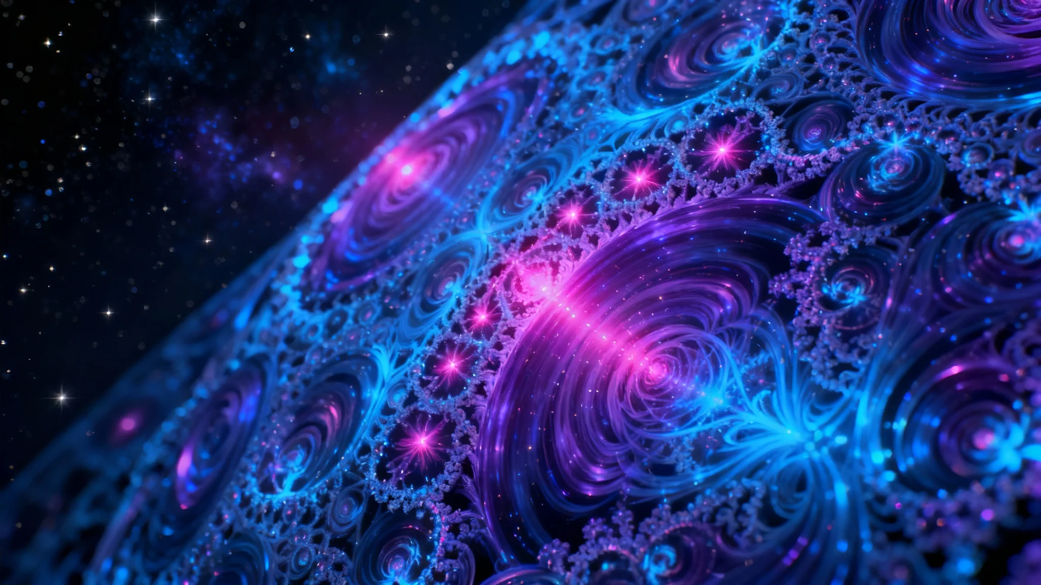 An eye-catching hero image displaying a final piece of fractal art, featuring intricate, swirling patterns in vibrant blue, purple, and magenta against a dark cosmic background.