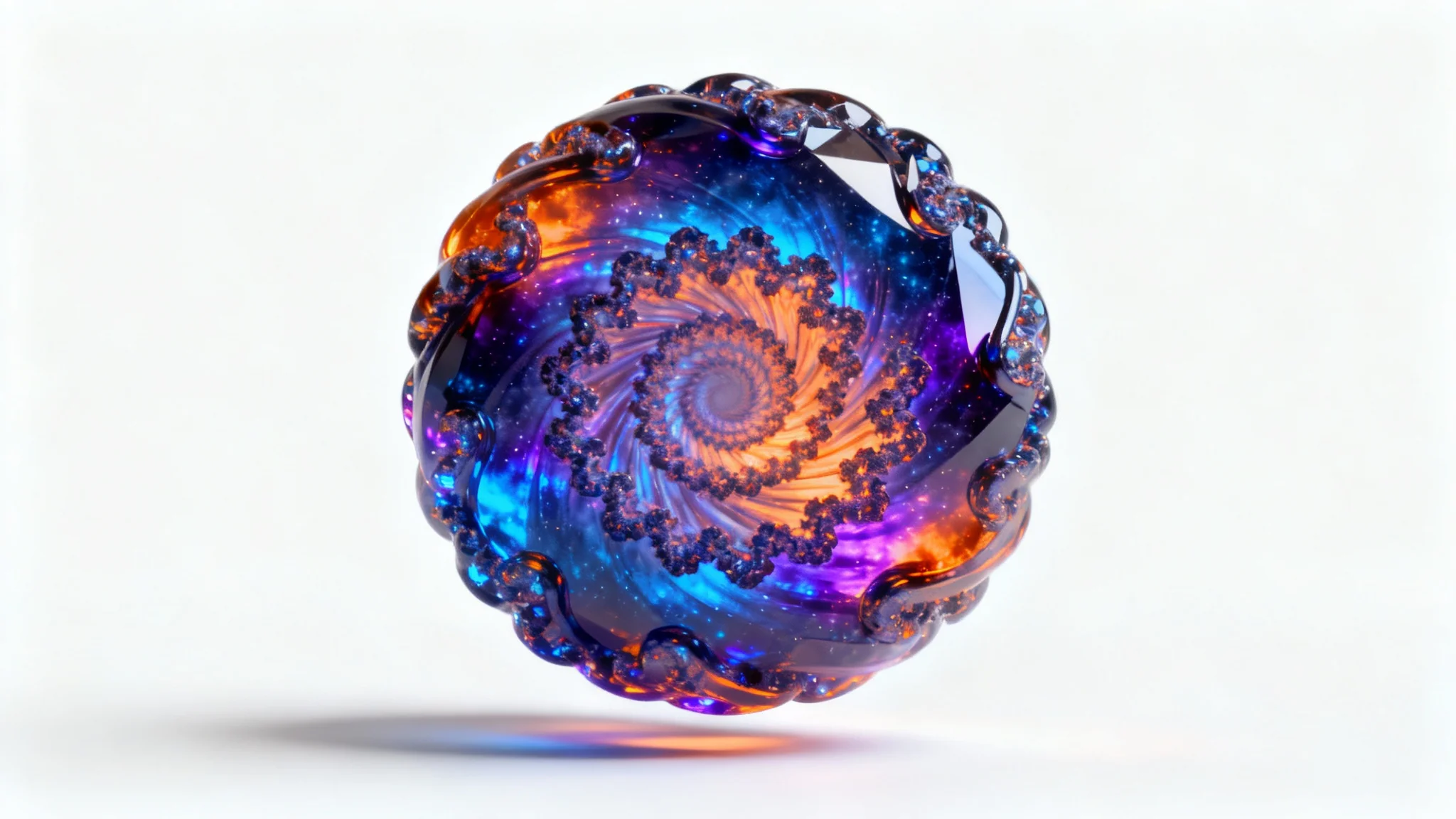 A vibrant, intricate piece of fractal art with swirling patterns of blue, purple, and orange, displayed against a clean white background.