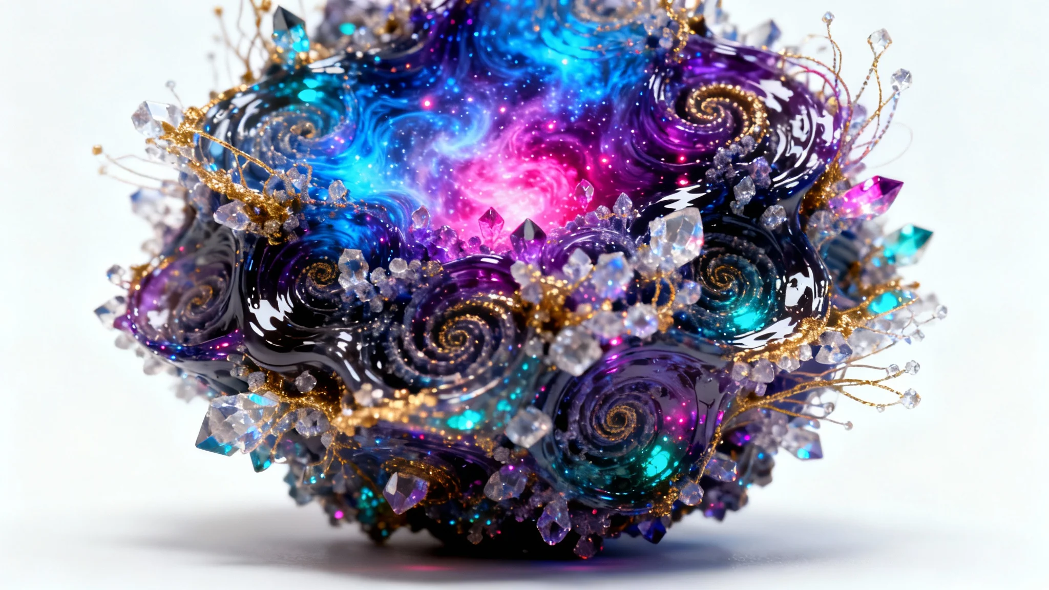 A stunning, highly detailed 3D fractal art piece featuring intricate spirals in vibrant shades of blue, purple, and magenta, presented against a plain white background.