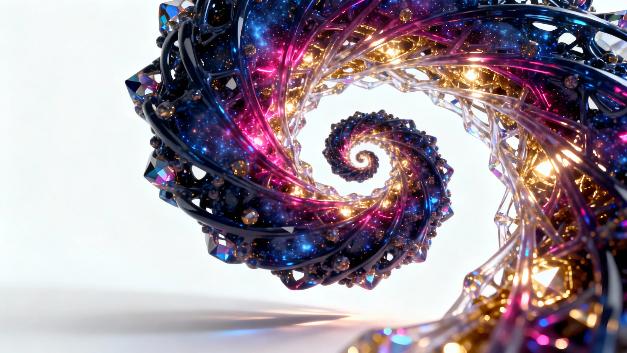 A vibrant and intricate 3D fractal art piece, glowing with shades of blue, purple, and gold, showcasing complex, spiraling patterns against a plain white background.