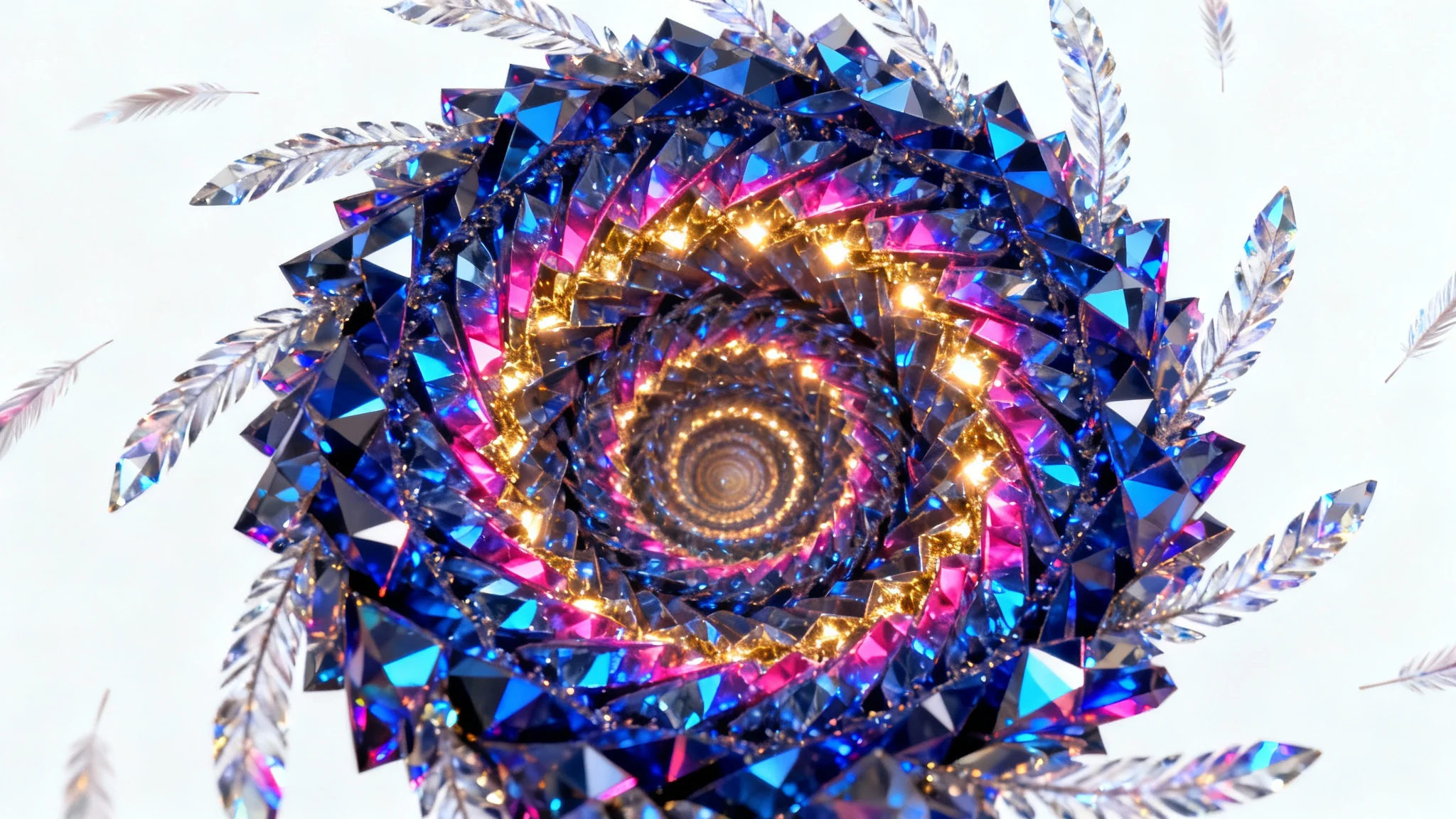 A vibrant and complex fractal art image with swirling patterns of blue, magenta, and gold, creating a sense of infinite depth, set against a plain white background.